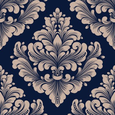 Vektör damaske desen elementi. Klasik lüks, eski moda İspanyol süsü, duvar kağıtları, tekstil ve ambalaj için kraliyet Victoria dönemi dikişsiz dokusu. Zarif çiçekli barok şablonu