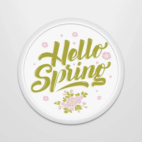 Handgetekende Letters Hello Spring Een Rond Frame Aan Muur Elegante — Stockvector