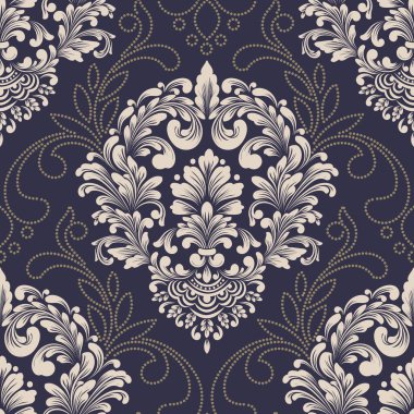 Vektör damaske desen elementi. Klasik lüks, eski moda İspanyol süsü, duvar kağıtları, tekstil ve ambalaj için kraliyet Victoria dönemi dikişsiz dokusu. Zarif çiçekli barok şablonu