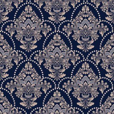 Vektör damask Dikişsiz desen arka plan. Klasik lüks eski moda damask süsleme, duvar kağıtları, tekstil, sarma için Kraliyet Viktorya Dikişsiz doku. Nefis çiçek Barok şablonu