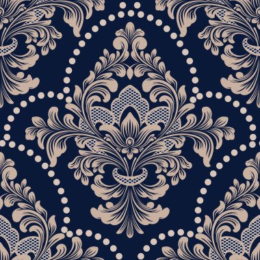 Vektör damaske desen elementi. Klasik lüks, eski moda İspanyol süsü, duvar kağıtları, tekstil ve ambalaj için kraliyet Victoria dönemi dikişsiz dokusu. Zarif çiçekli barok şablonu