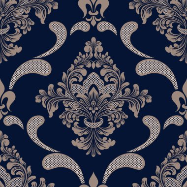 Vektör damaske desen elementi. Klasik lüks, eski moda İspanyol süsü, duvar kağıtları, tekstil ve ambalaj için kraliyet Victoria dönemi dikişsiz dokusu. Zarif çiçekli barok şablonu