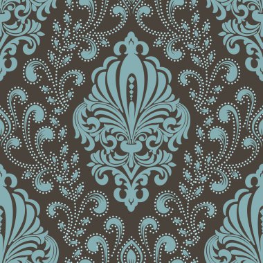 Vektör damaske desen elementi. Klasik lüks, eski moda İspanyol süsü, duvar kağıtları, tekstil ve ambalaj için kraliyet Victoria dönemi dikişsiz dokusu. Zarif çiçekli barok şablonu