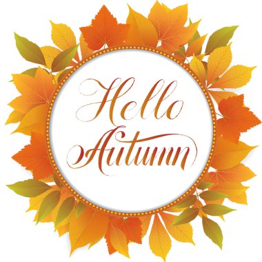 Sonbahar yapraklı çiçek çerçeveli davetiye ve duyuru kartı ve Hello Autumn metni. El yazısı metinlerle süslü süslü bir kenar. Tasarım şablonu