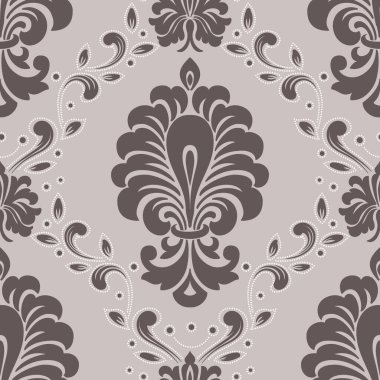 Vektör damaske desen elementi. Klasik lüks, eski moda İspanyol süsü, duvar kağıtları, tekstil ve ambalaj için kraliyet Victoria dönemi dikişsiz dokusu. Zarif çiçekli barok şablonu