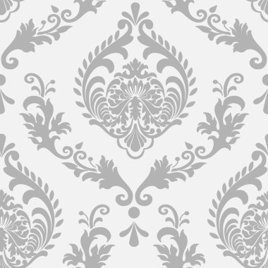 Vektör damaske desen elementi. Klasik lüks, eski moda İspanyol süsü, duvar kağıtları, tekstil ve ambalaj için kraliyet Victoria dönemi dikişsiz dokusu. Zarif çiçekli barok şablonu