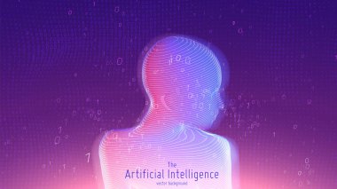 İnsan Büyük Veri Görselleştirmesi. Gelecekçi Yapay Zeka kavramı. Siber zihin estetik tasarımı. Makine öğrenimi. Holografik figür ve ikili veri biçiminde karmaşık veri iplikleri