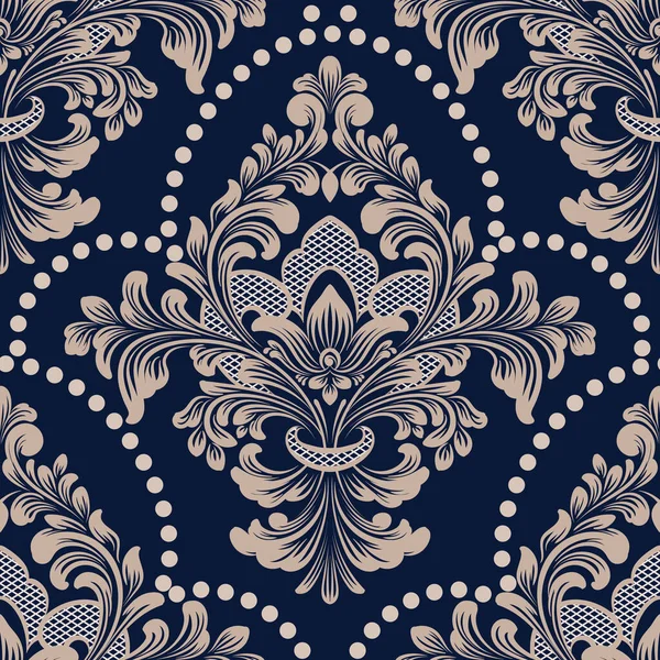 Vektör damaske desen elementi. Klasik lüks, eski moda İspanyol süsü, duvar kağıtları, tekstil ve ambalaj için kraliyet Victoria dönemi dikişsiz dokusu. Zarif çiçekli barok şablonu