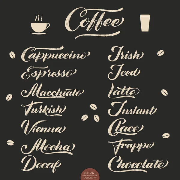 Ensemble Lettrage Café Calligraphie Vectorielle Dessinée Main Café Élégante Illustration — Image vectorielle