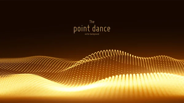 Vector abstract golden particle wave, points array, shallow depth of field. Futuristic illustration. Technology digital splash or explosion of data points. Point dance waveform. Cyber UI, HUD element