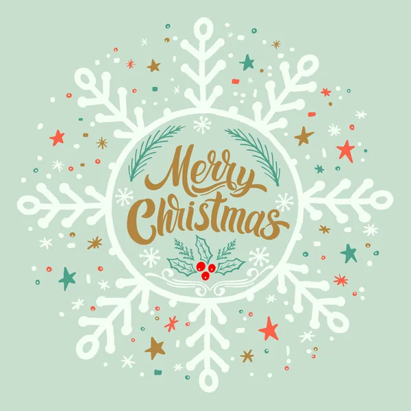 雪の結晶とレタリングとベクトル手書き招待カード メリークリスマス 招待状やギフトカード あなたのデザインのための素敵なテンプレート 幸せな冬の休日のトレンディーなデザイン — ストックベクタ