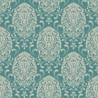Vektör damask Dikişsiz desen arka plan. Klasik lüks eski moda damask süsleme, duvar kağıtları, tekstil, sarma için Kraliyet Viktorya Dikişsiz doku. Nefis çiçek Barok şablonu