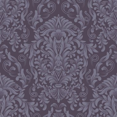 Vektör damaske desen elementi. Klasik lüks, eski moda İspanyol süsü, duvar kağıtları, tekstil ve ambalaj için kraliyet Victoria dönemi dikişsiz dokusu. Zarif çiçekli barok şablonu