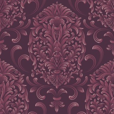 Vektör damaske desen elementi. Klasik lüks, eski moda İspanyol süsü, duvar kağıtları, tekstil ve ambalaj için kraliyet Victoria dönemi dikişsiz dokusu. Zarif çiçekli barok şablonu