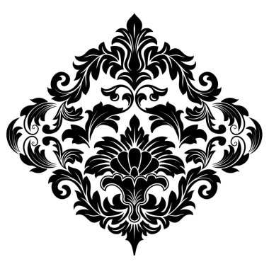 Vektör damaske elementi. İzole edilmiş, merkezi iltihaplanma. Klasik lüks, eski moda İspanyol süsü, duvar kağıtları, tekstil ve ambalaj için kraliyet Victoria dönemi kusursuz dokusu.