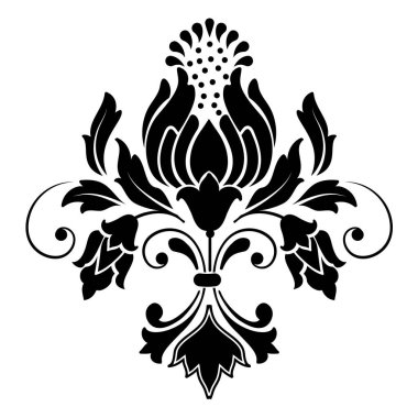 Vektör damaske elementi. İzole edilmiş, merkezi iltihaplanma. Klasik lüks, eski moda İspanyol süsü, duvar kağıtları, tekstil ve ambalaj için kraliyet Victoria dönemi kusursuz dokusu.