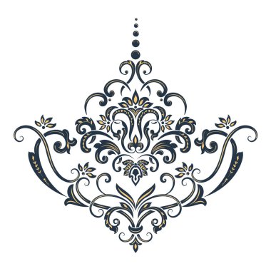 Vektör damaske elementi. İzole edilmiş, merkezi iltihaplanma. Klasik lüks, eski moda İspanyol süsü, duvar kağıtları, tekstil ve ambalaj için kraliyet Victoria dönemi kusursuz dokusu.