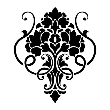 Vektör damaske elementi. İzole edilmiş, merkezi iltihaplanma. Klasik lüks, eski moda İspanyol süsü, duvar kağıtları, tekstil ve ambalaj için kraliyet Victoria dönemi kusursuz dokusu.