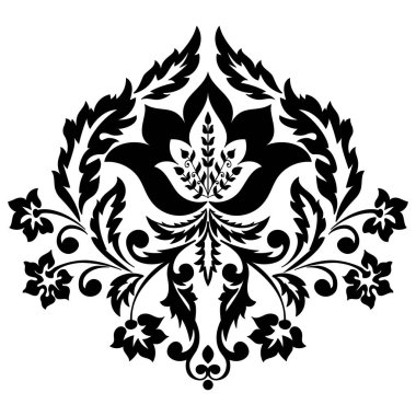 Vektör damaske elementi. İzole edilmiş, merkezi iltihaplanma. Klasik lüks, eski moda İspanyol süsü, duvar kağıtları, tekstil ve ambalaj için kraliyet Victoria dönemi kusursuz dokusu.