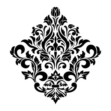 Vektör damaske elementi. İzole edilmiş, merkezi iltihaplanma. Klasik lüks, eski moda İspanyol süsü, duvar kağıtları, tekstil ve ambalaj için kraliyet Victoria dönemi kusursuz dokusu.