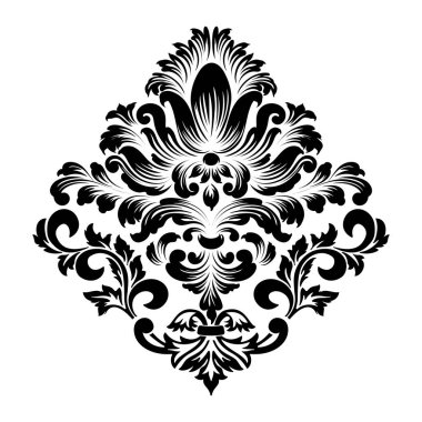 Vektör damaske elementi. İzole edilmiş, merkezi iltihaplanma. Klasik lüks, eski moda İspanyol süsü, duvar kağıtları, tekstil ve ambalaj için kraliyet Victoria dönemi kusursuz dokusu.