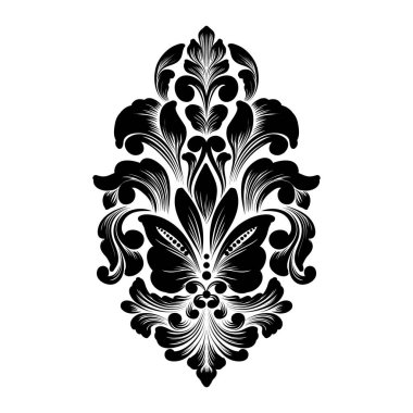 Vektör damaske elementi. İzole edilmiş, merkezi iltihaplanma. Klasik lüks, eski moda İspanyol süsü, duvar kağıtları, tekstil ve ambalaj için kraliyet Victoria dönemi kusursuz dokusu.