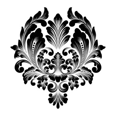 Vektör damaske elementi. İzole edilmiş, merkezi iltihaplanma. Klasik lüks, eski moda İspanyol süsü, duvar kağıtları, tekstil ve ambalaj için kraliyet Victoria dönemi kusursuz dokusu.