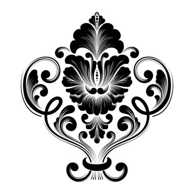 Vektör damaske elementi. İzole edilmiş, merkezi iltihaplanma. Klasik lüks, eski moda İspanyol süsü, duvar kağıtları, tekstil ve ambalaj için kraliyet Victoria dönemi kusursuz dokusu.