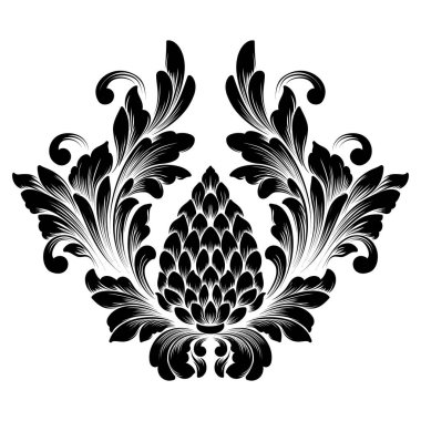 Vektör damaske elementi. İzole edilmiş, merkezi iltihaplanma. Klasik lüks, eski moda İspanyol süsü, duvar kağıtları, tekstil ve ambalaj için kraliyet Victoria dönemi kusursuz dokusu.