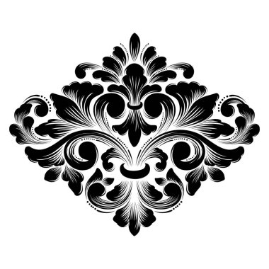 Vektör damaske elementi. İzole edilmiş, merkezi iltihaplanma. Klasik lüks, eski moda İspanyol süsü, duvar kağıtları, tekstil ve ambalaj için kraliyet Victoria dönemi kusursuz dokusu.