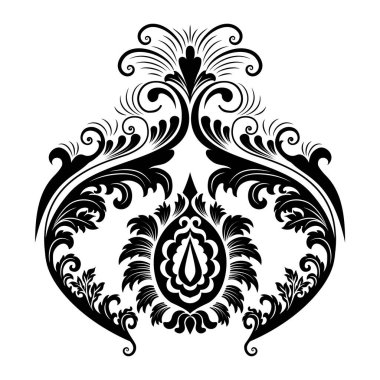 Vektör damaske elementi. İzole edilmiş, merkezi iltihaplanma. Klasik lüks, eski moda İspanyol süsü, duvar kağıtları, tekstil ve ambalaj için kraliyet Victoria dönemi kusursuz dokusu.