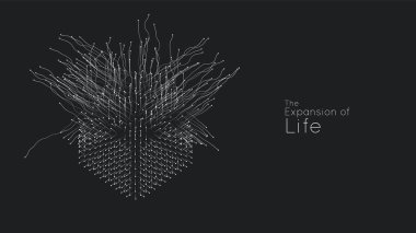 Yaşamın genişlemesi. Vektör kübü patlama arkaplanı. Küçük parçacıklar ortaya çıkmaya çalışır. Yüksek hareket hızında bulanık debrilasyonlar ışınlara ya da çizgilere dönüşür. Patlama, patlama arkaplanı
