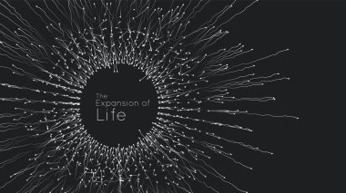 Yaşamın genişlemesi. Vektör küre patlama arkaplanı. Küçük parçacıklar ortaya çıkmaya çalışır. Yüksek hareket hızında bulanık debrilasyonlar ışınlara ya da çizgilere dönüşür. Patlama, patlama arkaplanı