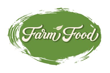 Boyalı fırça darbesine el yazması Çiftlik Yemeği. Vektör Mürekkebi çizimi. Beyaz arka planda tipografi posteri. Kartlar, davetiyeler, baskılar vs. için organik, doğal tasarım şablonu