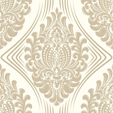 Vektör damaske desen elementi. Klasik lüks, eski moda İspanyol süsü, duvar kağıtları, tekstil ve ambalaj için kraliyet Victoria dönemi dikişsiz dokusu. Zarif çiçekli barok şablonu