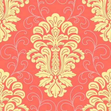 Vektör damaske desen elementi. Klasik lüks, eski moda İspanyol süsü, duvar kağıtları, tekstil ve ambalaj için kraliyet Victoria dönemi dikişsiz dokusu. Zarif çiçekli barok şablonu