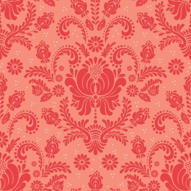 Vektör damaske desen elementi. Klasik lüks, eski moda İspanyol süsü, duvar kağıtları, tekstil ve ambalaj için kraliyet Victoria dönemi dikişsiz dokusu. Zarif çiçekli barok şablonu