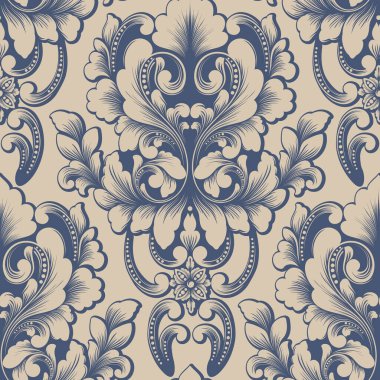 Vektör damaske desen elementi. Klasik lüks, eski moda İspanyol süsü, duvar kağıtları, tekstil ve ambalaj için kraliyet Victoria dönemi dikişsiz dokusu. Zarif çiçekli barok şablonu