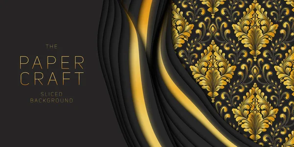 Vector Abstract Dark Background Paper Cut Golden Damask Pattern Luxury — Stock Vector