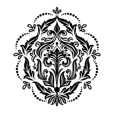 Vektör damaske elementi. İzole edilmiş, merkezi iltihaplanma. Klasik lüks, eski moda İspanyol süsü, duvar kağıtları, tekstil ve ambalaj için kraliyet Victoria dönemi kusursuz dokusu.