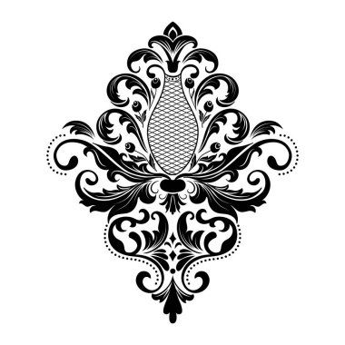 Vektör damaske elementi. İzole edilmiş, merkezi iltihaplanma. Klasik lüks, eski moda İspanyol süsü, duvar kağıtları, tekstil ve ambalaj için kraliyet Victoria dönemi kusursuz dokusu.