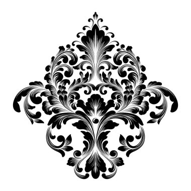 Vektör damaske elementi. İzole edilmiş, merkezi iltihaplanma. Klasik lüks, eski moda İspanyol süsü, duvar kağıtları, tekstil ve ambalaj için kraliyet Victoria dönemi kusursuz dokusu.