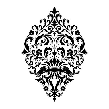 Vektör damaske elementi. İzole edilmiş, merkezi iltihaplanma. Klasik lüks, eski moda İspanyol süsü, duvar kağıtları, tekstil ve ambalaj için kraliyet Victoria dönemi kusursuz dokusu.