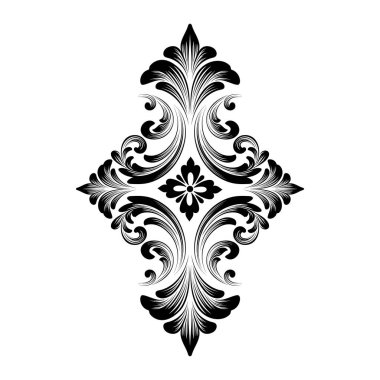 Vektör damaske elementi. İzole edilmiş, merkezi iltihaplanma. Klasik lüks, eski moda İspanyol süsü, duvar kağıtları, tekstil ve ambalaj için kraliyet Victoria dönemi kusursuz dokusu.