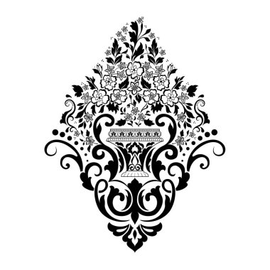 Vektör damaske elementi. İzole edilmiş, merkezi iltihaplanma. Klasik lüks, eski moda İspanyol süsü, duvar kağıtları, tekstil ve ambalaj için kraliyet Victoria dönemi kusursuz dokusu.