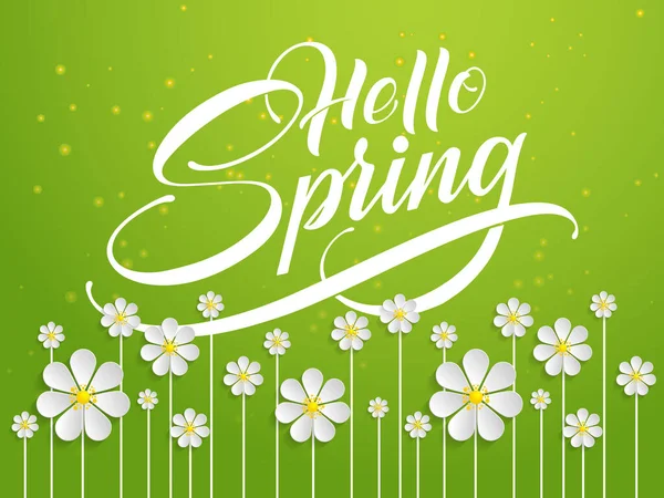Merhaba Spring 'in el çizimi harfleri. Zarif modern el yazısı el yazısı. Çiçekli yeşil arkaplanda Vektör Mürekkebi çizimi. Kartlar, davetiyeler, baskılar vs.