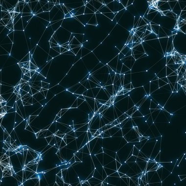 Soyut vektör ağ arkaplanı. Kaotik olarak bağlı noktalar ve uzayda uçan çokgenler. Uçan enkaz. Fütürist teknoloji kartı. Çizgiler, noktalar, daireler ve düzlemler. Geleceksel tasarım.