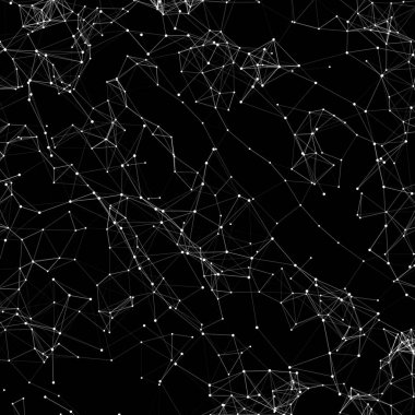 Soyut vektör ağ arkaplanı. Kaotik olarak bağlı noktalar ve uzayda uçan çokgenler. Uçan enkaz. Fütürist teknoloji kartı. Çizgiler, noktalar, daireler ve düzlemler. Geleceksel tasarım.