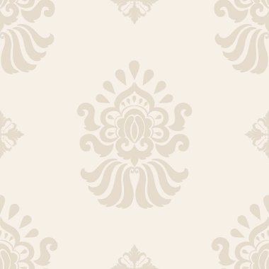 Vektör damaske desen elementi. Klasik lüks, eski moda İspanyol süsü, duvar kağıtları, tekstil ve ambalaj için kraliyet Victoria dönemi dikişsiz dokusu. Zarif çiçekli barok şablonu.