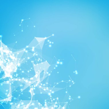 Soyut vektör ağ arkaplanı. Kaotik olarak bağlı noktalar ve uzayda uçan çokgenler. Uçan enkaz. Fütürist teknoloji kartı. Çizgiler, noktalar, daireler ve düzlemler. Geleceksel tasarım.